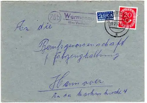 BRD 1952, Landpoststpl. 20b WARMENAU über Vorsfelde auf Brief m. 20 Pf.