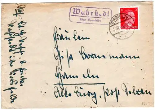 DR 1943, Landpoststpl. WAHRSTED über Vorsfelde auf Brief m. 12 Pf.