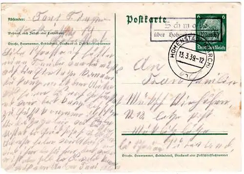 DR 1939, Landpost Stpl. SCHMOLZ über Hohenstadt (March) auf 6 Pf. Ganzsache 