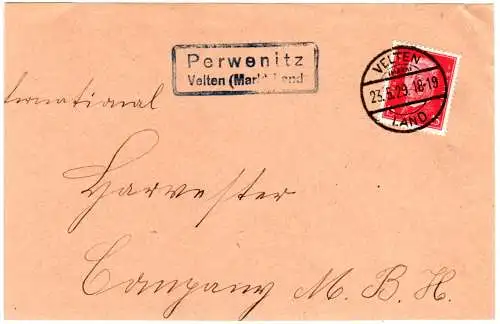 DR 1929, Landpoststempel PERWENITZ (Mark) Land auf Briefteil m. 15 Pf.