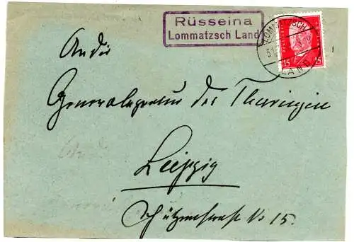 DR 1930, Landpoststempel RÜSSEINA Lommatzsch Land auf Briefteil m. 15 Pf.
