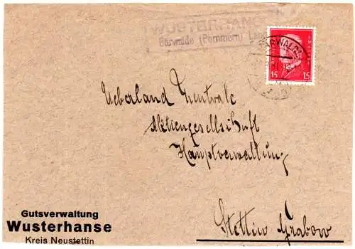 DR 1931, Landpoststempel WUSTERHANSE Bärwalde Land auf Briefteil m. 15 Pf.