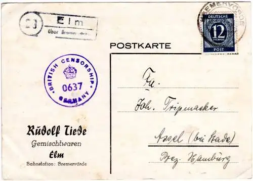 1946, Landpoststempel ELM über Bremervörde auf Zensur Karte m. 12 Pf.