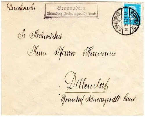 DR 1931, Landpoststpl. BRUNNADERN über Bonndorf auf Drucksache Brief m. 4 Pf.
