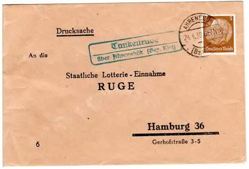 DR 1938, Landpost Stpl. TANKENRADE über Ahrensbök (Bez. Kiel) auf Brief m. 3 Pf.
