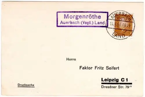 DR 1931, Landpost Stpl. MORGENRÖTHE Auerbach Land auf Karte m. 3 Pf.