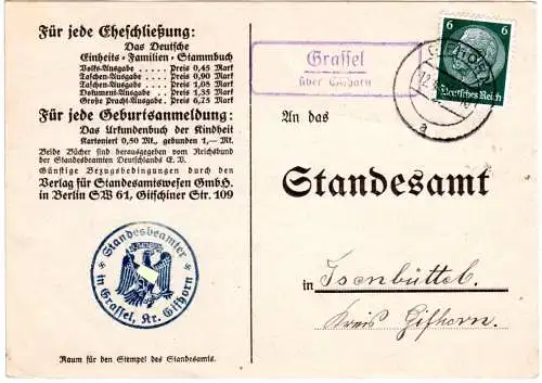 DR 1936, Landpost Stpl. GRASSEL über Gifhorn auf Standesbeamten Karte m. 6 Pf.