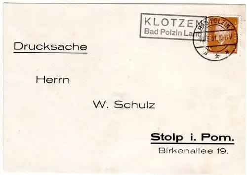 DR 1931, Landpost Stpl. KLOTZEN Bad Polzin Land auf Drucksache-Karte m. 3 Pf
