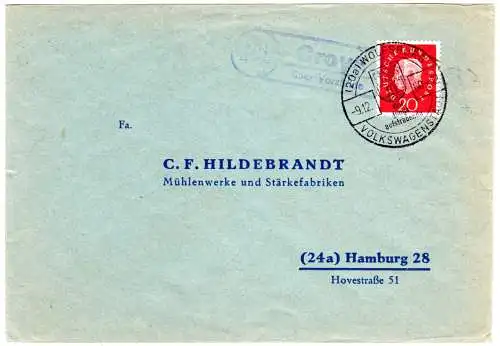 BRD 1960, Landpoststpl. 20b CROYA über Vorsfelde auf Brief m. 20 Pf. u. VW Stpl.