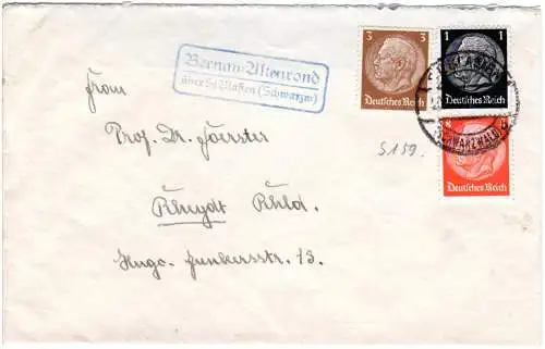 DR 1936, Landpoststpl. BERNAU-ALTENROND über St. Blasien auf Brief m. 1+8+3 Pf.