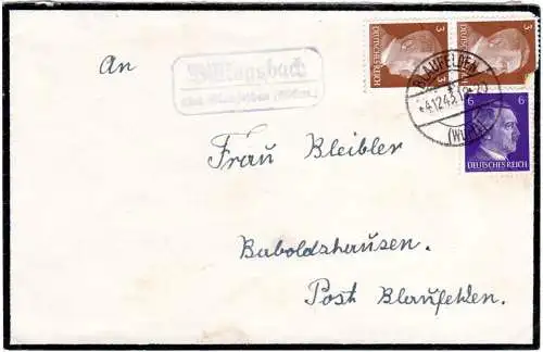 DR 1943, Landpost Stpl. BILLINGSBACH über Blaufelden auf Brief m. 6+2x3 Pf.