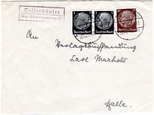 DR 1935, Landpost Stpl. TELLERHÄUSER über Schwarzenberg auf Brief m. 10+2x1 Pf.