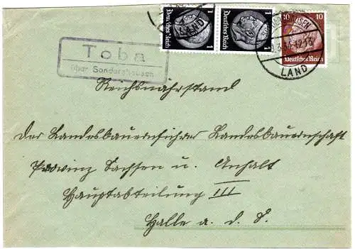 DR 1934, Landpost Stpl. TOBA über Sondershausen auf Brief m. 10+2x1 Pf.