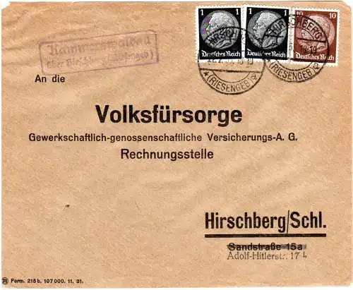 DR 1935, Landpost Stpl. KAMMERSWALDAU über Hirschberg auf Brief m. 10+2x1 Pf.