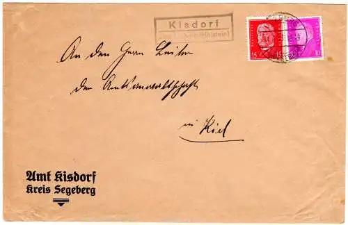 DR 1933, Landpost Stpl. KISDORF über Ulzburg (Holstein) auf Brief m. 10+15 Pf.