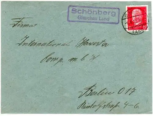 DR 1929, Landpoststempel SCHÖNEBERG Glauchau Land auf Briefteil m. 15 Pf.