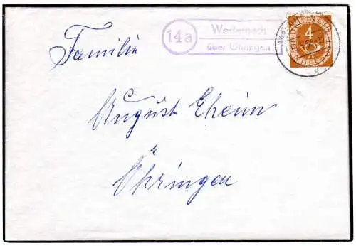 BRD 1953, Landpoststempel 14a WESTERNACH über Öhringen auf Trauer Brief m. 4 Pf.