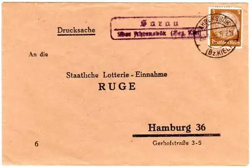 DR 1939, Landpost Stpl. SARAU über Ahrensbök (Bez. Kiel) auf Brief m. 3 Pf.