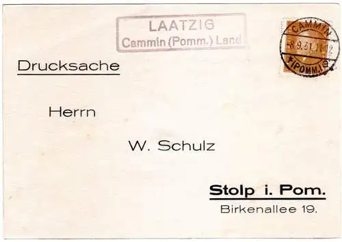 DR 1931, Landpost Stpl. LAATZIG Cammin (Pomm.) Land auf Karte m. 3 Pf.
