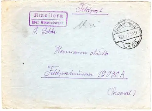 DR 1942, Landpoststpl. AMOLTERN über Emmendingen auf Feldpost Brief