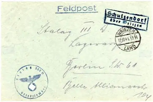 DR 1941, Landpoststpl. SCHULZENDORF über Wriezen auf Feldpost Briefteil