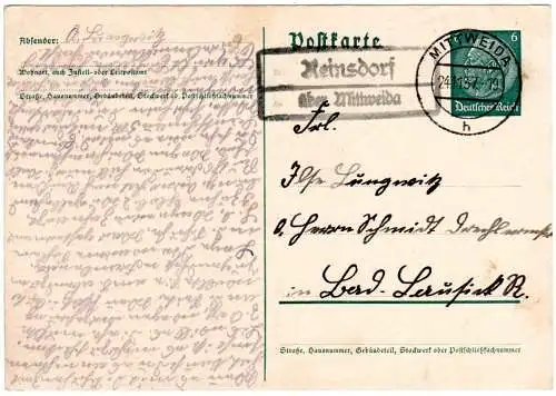DR 1937, Landpoststpl. REINSDORF über Mittweida auf 6 Pf. Ganzsache