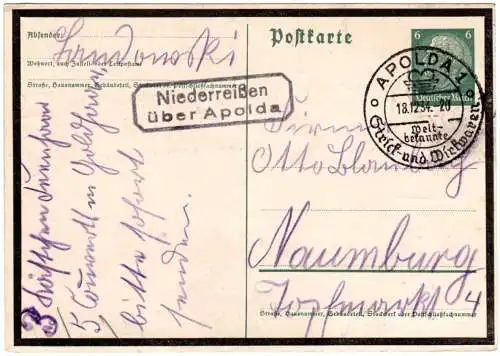 DR 1934, Landpoststpl. NIEDERREISSEN über Apolda auf 6 Pf. Ganzsache