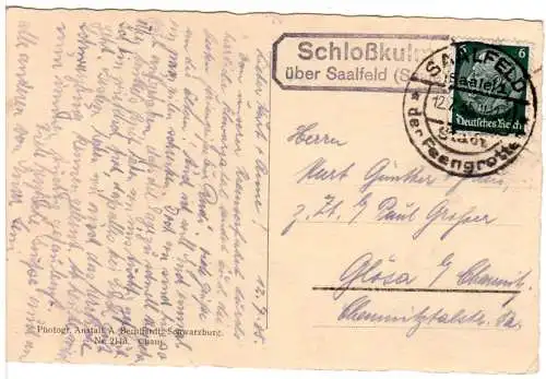 DR 1935, Landpost Stpl. SCHLOSSKULM über Saalfeld (Saale) auf Karte m. 6 Pfg. 