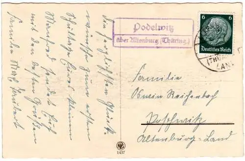 DR 1940, Landpost Stpl. PODELWITZ über Altenburg auf Karte m. 6 Pfg. 