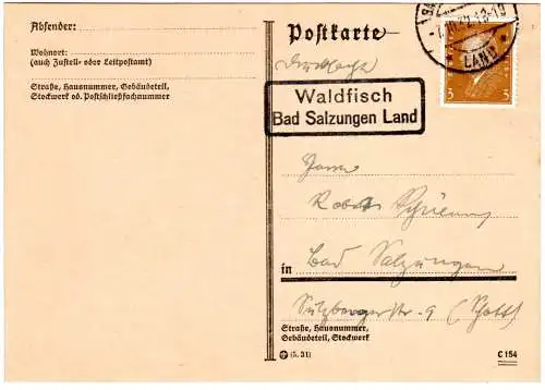 DR 1932, Landpost Stpl. WALDFISCH Bad Salzungen Land auf Karte m. 3 Pf.