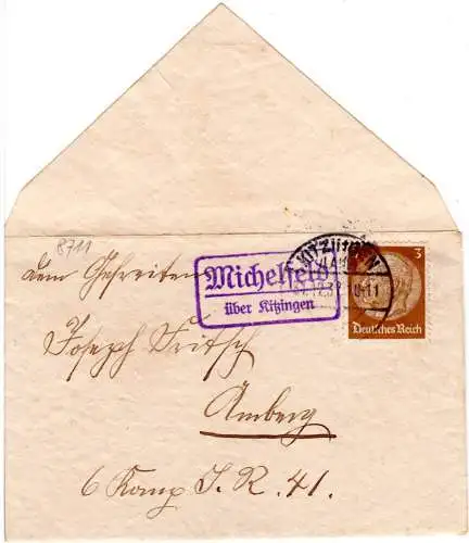 DR 1937, Landpoststpl. MICHELFELD über Kitzingen auf Drucksache Brief m. 3 Pf.