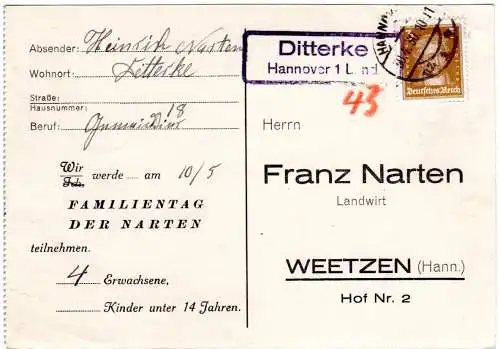 DR 1930, Landpoststpl. DITTERKE Hannover I Land auf Drucksache Karte m. 3 Pf.