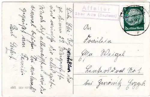DR 1934, Landpost Stpl. AFFALTER über Aue auf Karte m. 6 Pfg. 