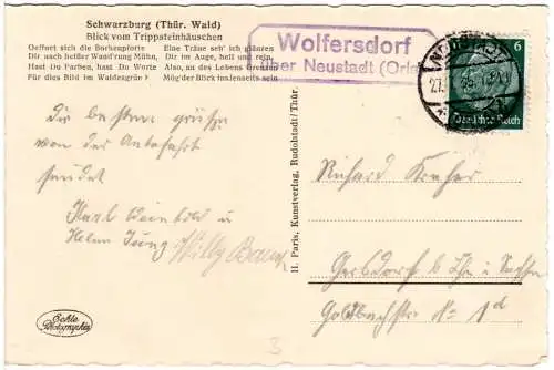 DR 1935, Landpoststempel WOLFERSDORF über Neustadt (Orla) auf Karte m. 6 Pf. 