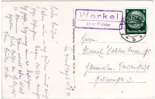 DR 1935, Landpoststempel WERKEL über Fritzlar auf Karte m. 6 Pf. 