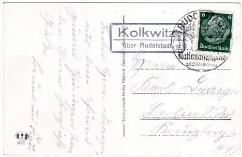 DR 1935, Landpoststempel KOLKWITZ über Rudolstadt auf Karte m. 6 Pf. 
