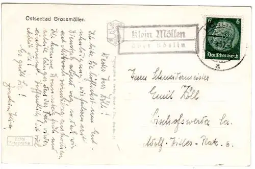DR 1937, Landpoststempel KLEIN MÖLLEN über Köslin auf Karte m. 6 Pf. 