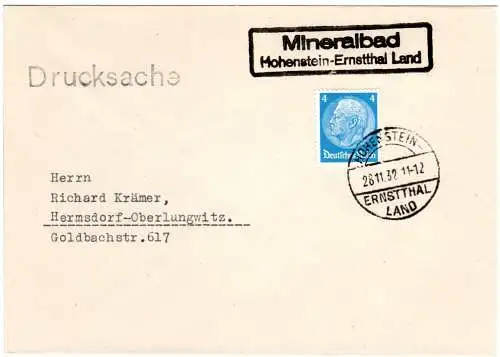 DR 1932, Landpoststpl. Mineralbad HOHENSTEIN-ERNSTTHAL Land auf Brief m. 4 Pf.