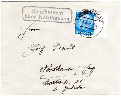 DR 1933, Landpoststpl. SUNDHAUSEN über Nordhausen auf Brief m. 4 Pf