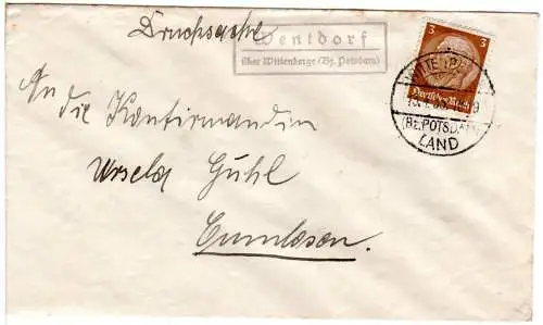 DR 1935, Landpoststpl. WENTDORF über Wittenberge (Bz. Potsdam) auf Brief m. 3 Pf