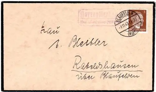 DR 1943, Landpost Stpl. HERRENTIERBACH über Blaufelden auf Trauerbrief m. 3 Pf.
