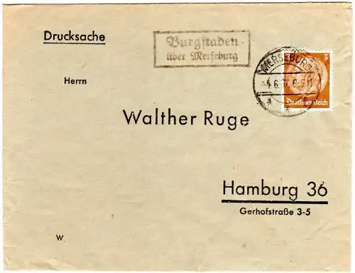 DR 1937, Landpost Stpl. BURGSTADEN über Merseburg auf Drucksache-Brief m. 3 Pf