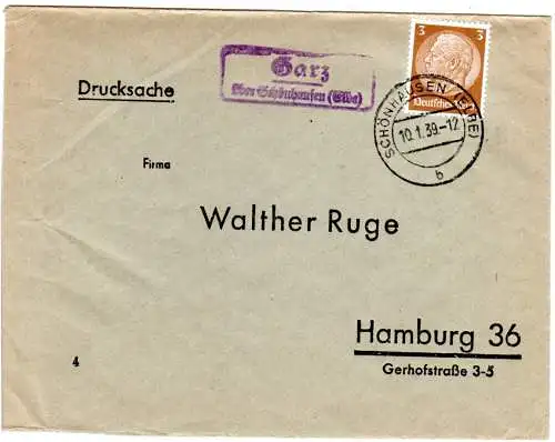 DR 1939, Landpost Stpl. GARZ über Schönhausen (Elbe) auf Brief m. 3 Pf.