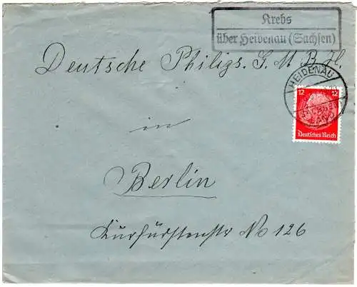 DR 1939, Landpost Stpl. KREBS über Heidenau (Sachsen) auf Brief m. 12 Pfg.