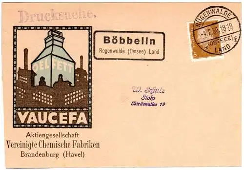 DR 1930, Landpoststpl. BÖBBELIN Rügenwald (Ostsee) Land auf Karte m. 3 Pf.