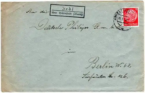 DR 1938, Landpost Stpl. JEDL über Hohenstadt (March) auf Brief m. 12 Pfg.