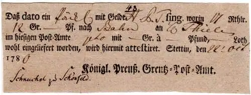 Preussen 1780, früher gedruckter Postschein v. Stettin