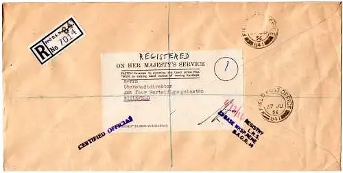 GB 1956, FPO 84 I, registered letter to a german defense office in Bielefeld