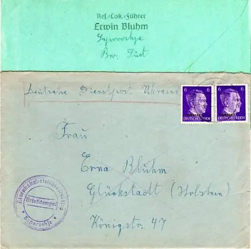 Dt. Dienstpost Ukraine, 2x6 Pf auf Brief v. SAPOROSHJE m. Eisenbahn Briefstempel