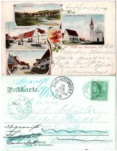 Württemberg 1906, K2 WEHINGEN auf Nachsende Gruss aus Obernheim Farb AK 